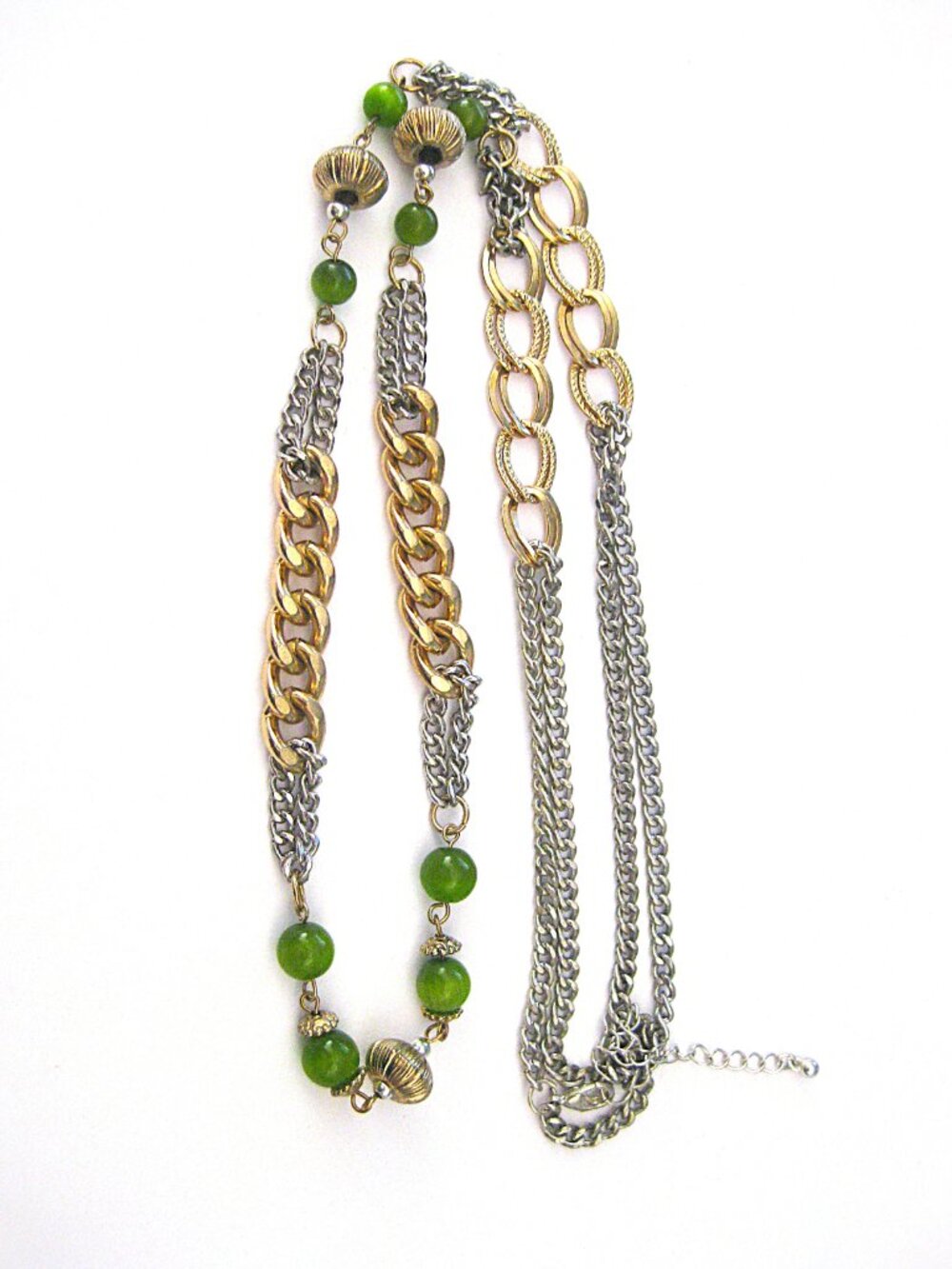 Vintage Long Green Bead Mixed Metals Necklace  32"